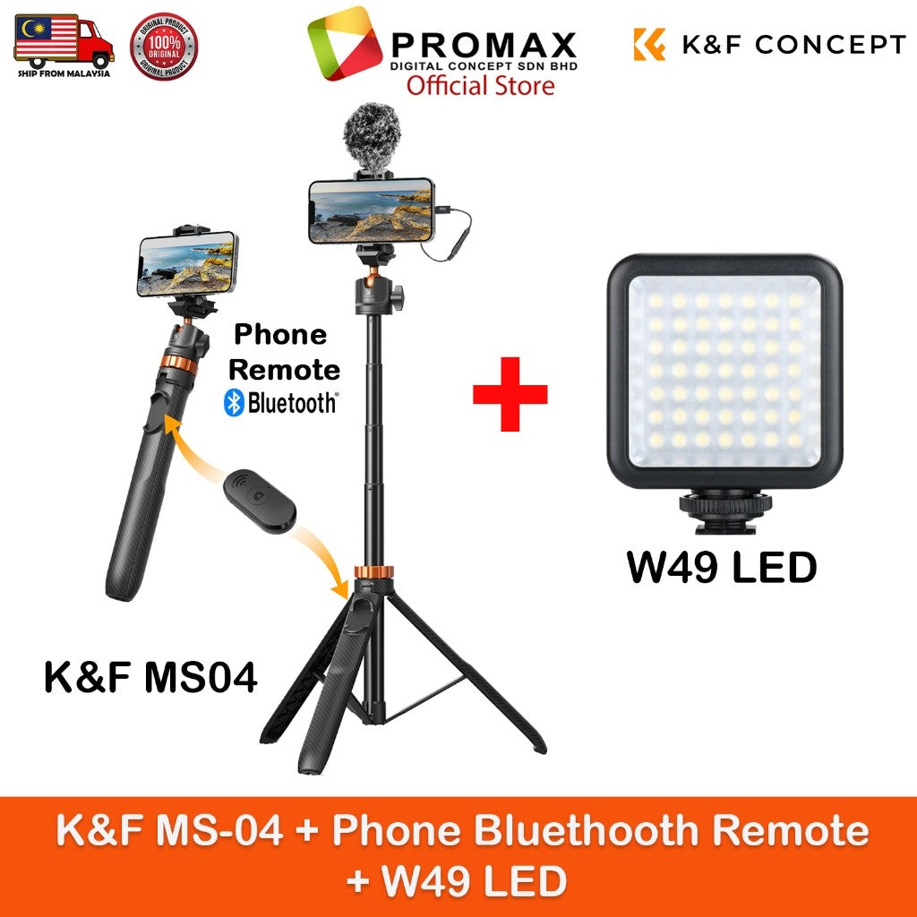 K&F Concept MS04 / MS08 62''/1.58m Tripod Phone Selfie Stick With Bluetooth Remote Control +Gopro Adapter Upgraded MT-44
