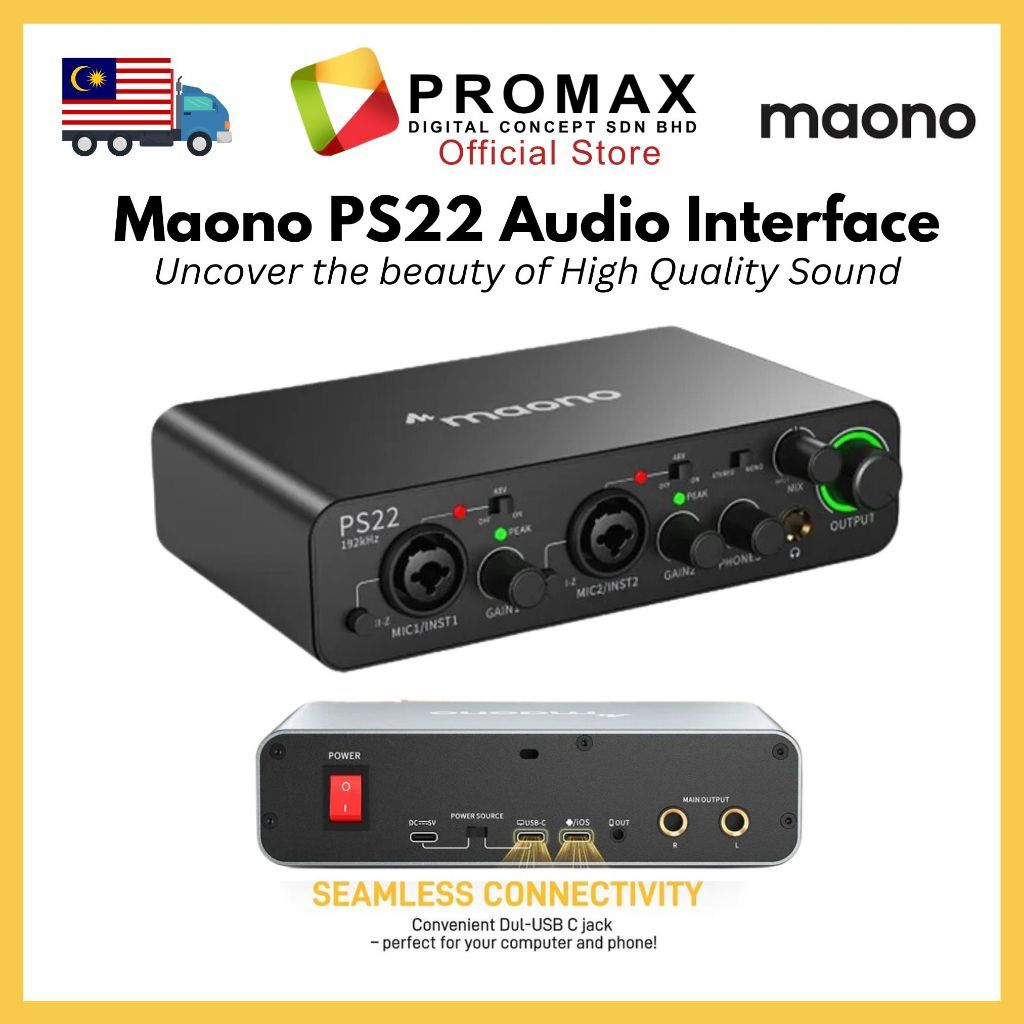 Maono PS22 Black Audio interface with Premium Mic Revamps for Recording, Music Production, Guitar Maonocaster