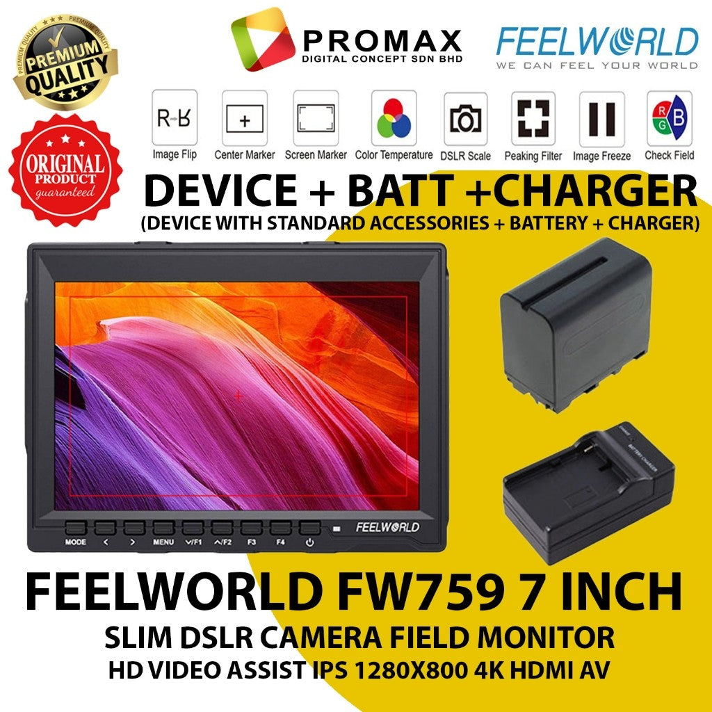 FEELWORLD FW759 7 INCH SLIM DSLR CAMERA FIELD MONITOR HD VIDEO ASSIST IPS 1280X800 4K HDMI AV FW 759