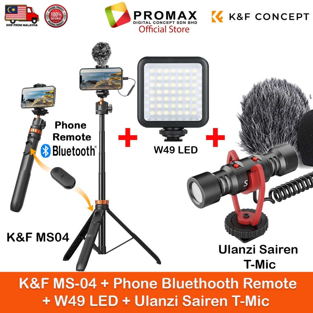 K&F Concept MS04 / MS08 62''/1.58m Tripod Phone Selfie Stick With Bluetooth Remote Control +Gopro Adapter Upgraded MT-44