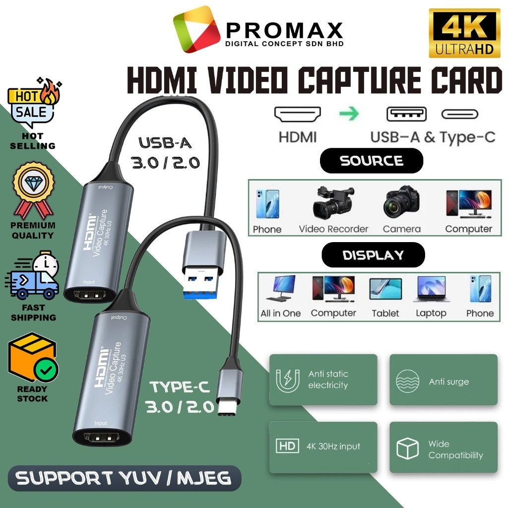 HDMI Video Capture Card Input 4K 30Hz HDMI to USB 2.0 USB 3.0 USB-C type-C 3.0 Video For Camera Macbook PS4 PC GamIng