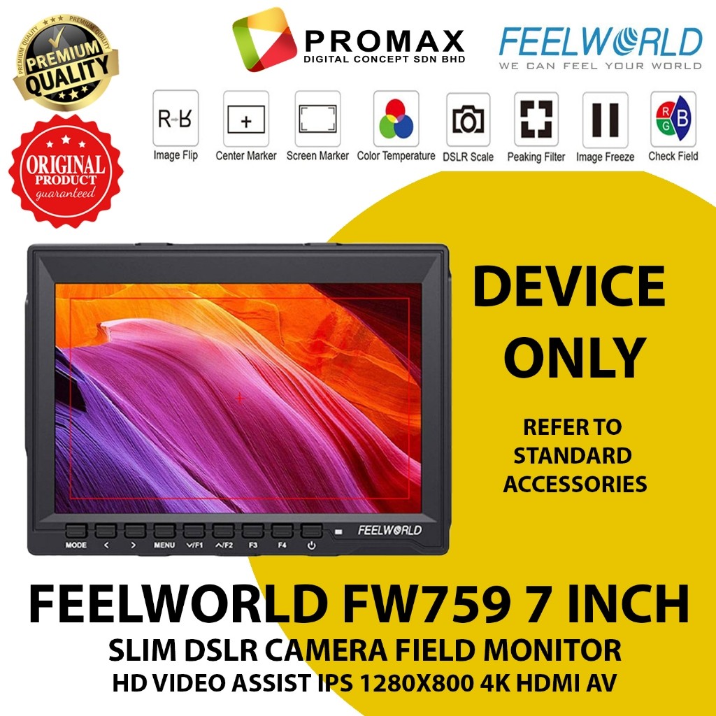 FEELWORLD FW759 7 INCH SLIM DSLR CAMERA FIELD MONITOR HD VIDEO ASSIST IPS 1280X800 4K HDMI AV FW 759