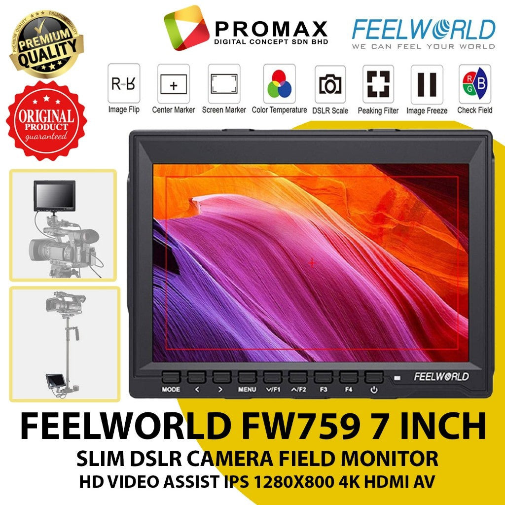 FEELWORLD FW759 7 INCH SLIM DSLR CAMERA FIELD MONITOR HD VIDEO ASSIST IPS 1280X800 4K HDMI AV FW 759
