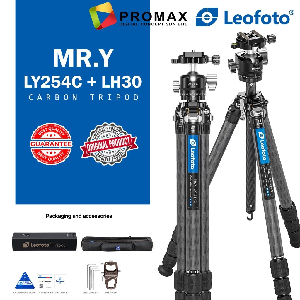 LEOFOTO MR Y TRIPOD LY-254C + LH-30 Y Shaped Center Column 4-section Carbon Fiber with Ballhead Kit