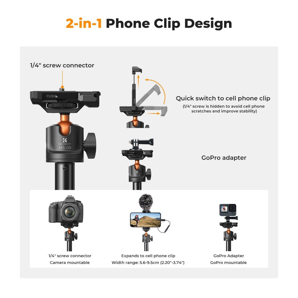 K&F Concept MS04 / MS08 62''/1.58m Tripod Phone Selfie Stick With Bluetooth Remote Control +Gopro Adapter Upgraded MT-44