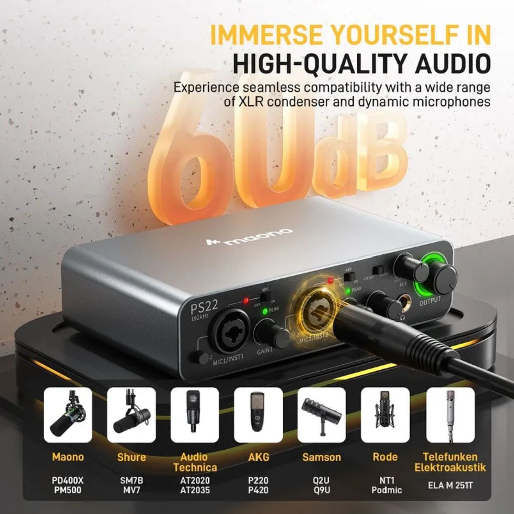 Maono PS22 Black Audio interface with Premium Mic Revamps for Recording, Music Production, Guitar Maonocaster