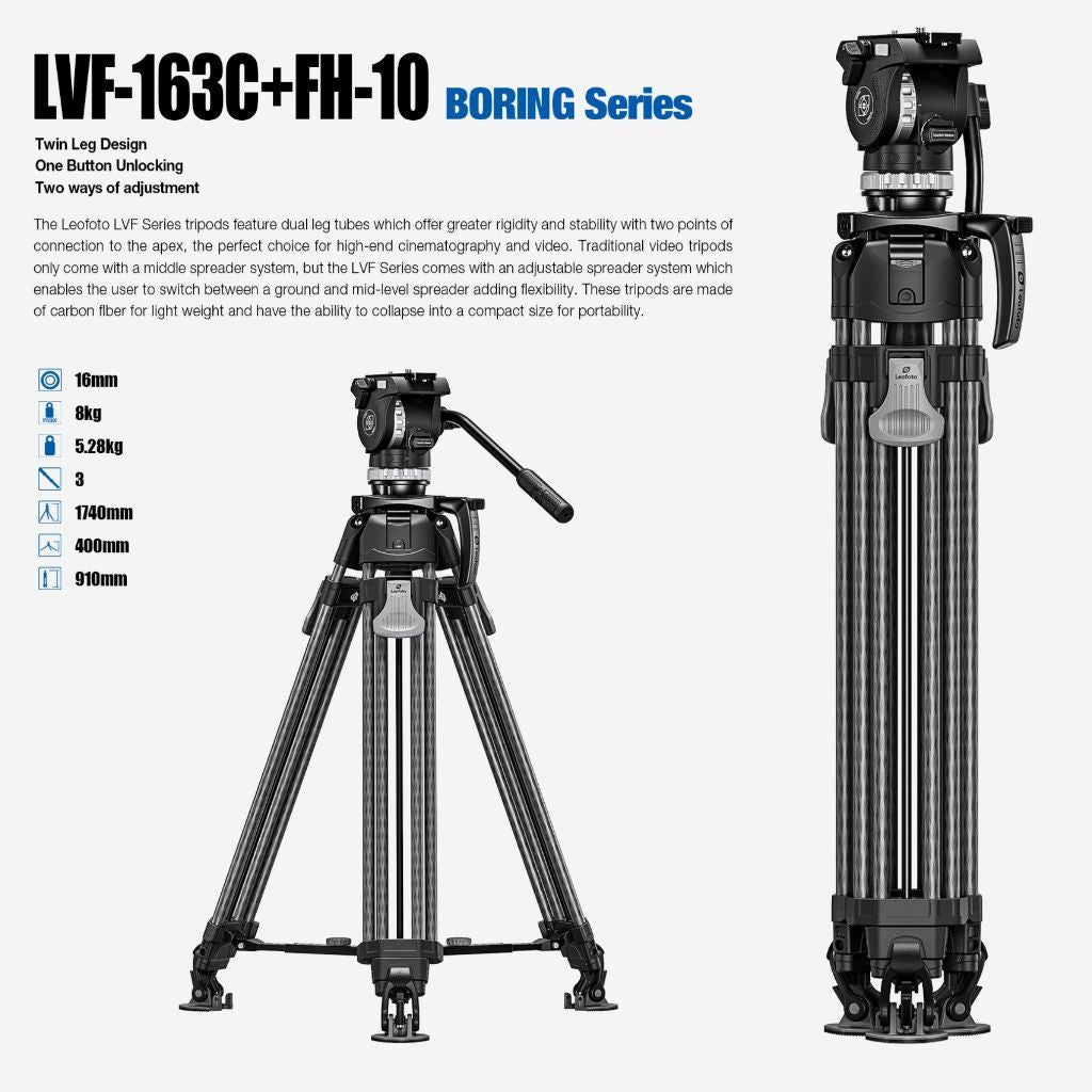 Leofoto Boring Series LVF-163C Tripod and FH-10 Ball-Head for High End Cinematography & Video