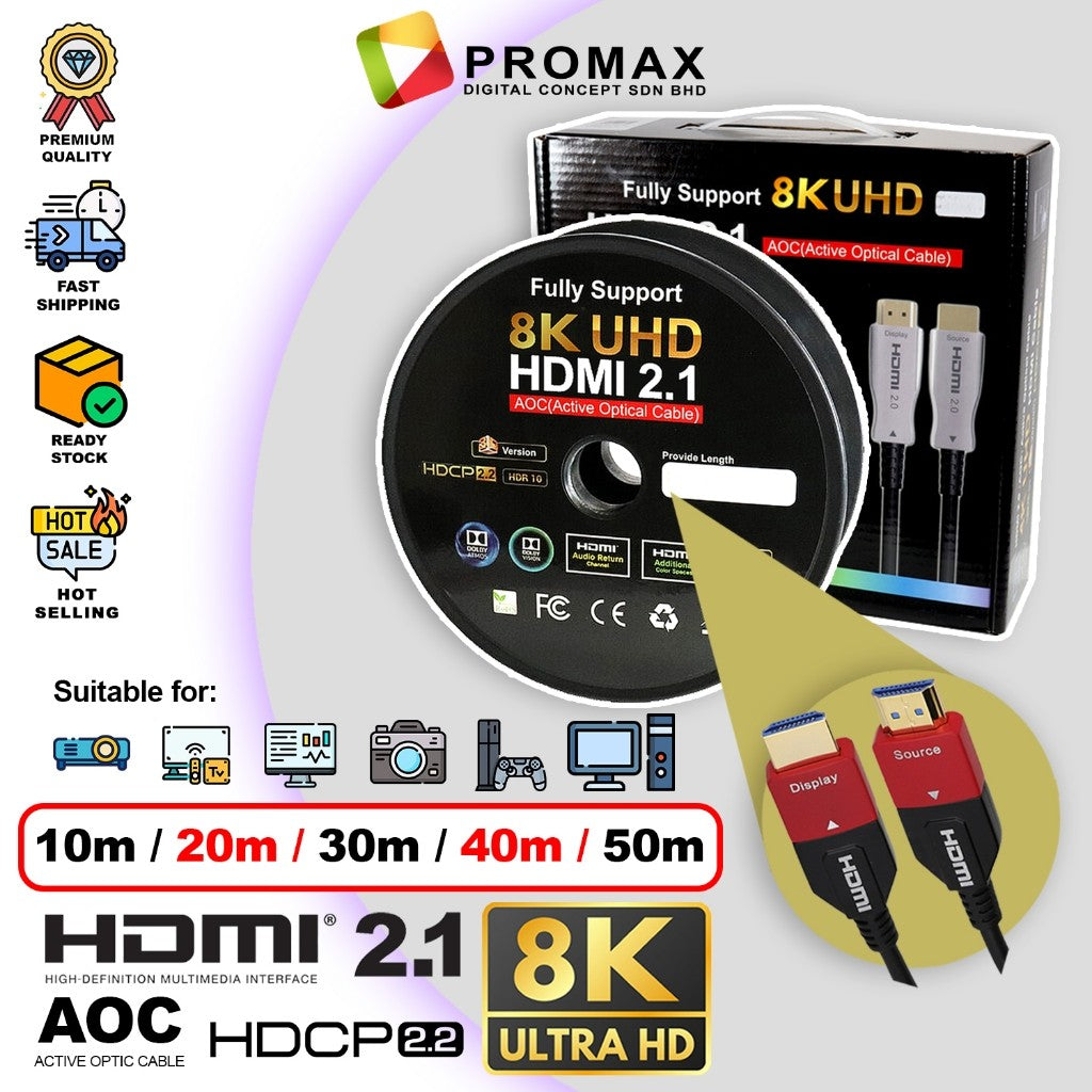 8K UHD Fiber Optic HDMI 2.1 Premium High Speed (AOC) Active Optic HDMI Cable Compatible With V2.0 HDCP 2.2 ( 20m - 50m )