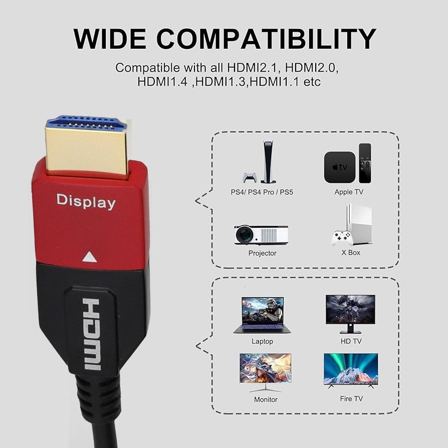 8K UHD Fiber Optic HDMI 2.1 Premium High Speed (AOC) Active Optic HDMI Cable Compatible With V2.0 HDCP 2.2 ( 20m - 50m )