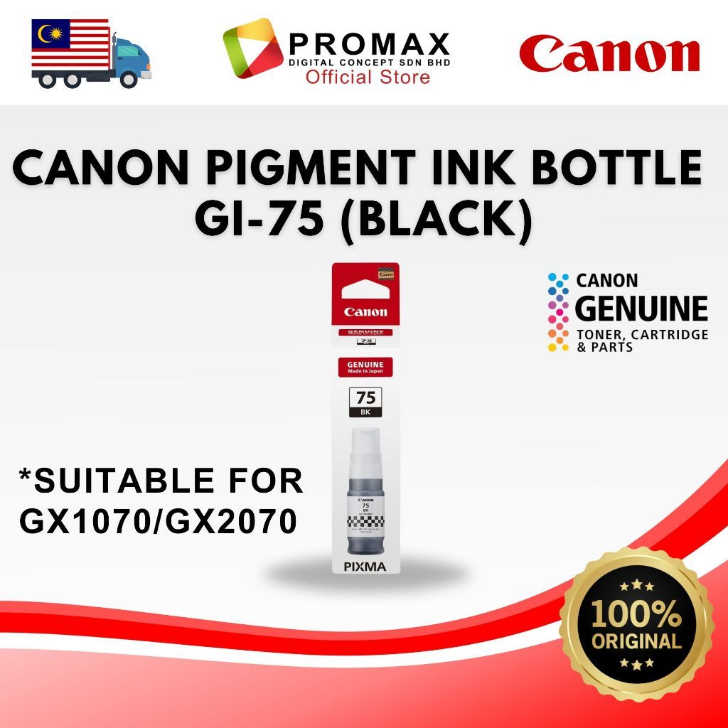 CANON GI-75 PIGMENT INK BOTTLE (BK/C/M/Y) FOR GX1070 GX2070 GI-75BK GI-75C GI-75M GI-75Y