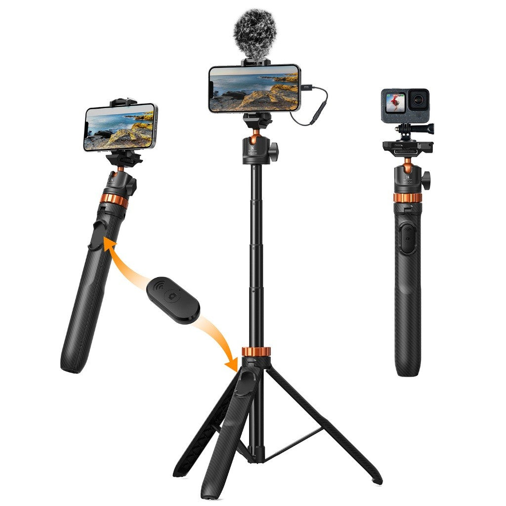 K&F Concept MS04 / MS08 62''/1.58m Tripod Phone Selfie Stick With Bluetooth Remote Control +Gopro Adapter Upgraded MT-44