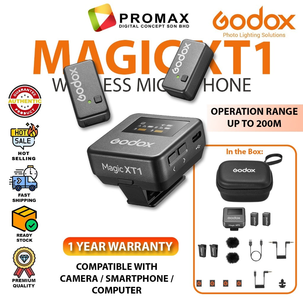 Godox Magic XT1 2-Person Wireless Microphone System with USB-C Adapter (2.4 GHz) LOS Range Pro Audio UAC Support
