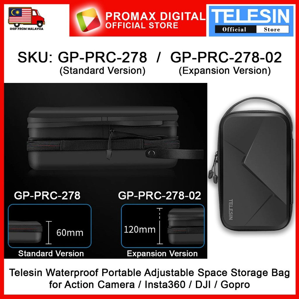 New Version TELESIN GP-PRC-278-02 Waterproof Portable Adjustable Space Storage Bag Hard Case for GoPro Osmo Insta360 DJI