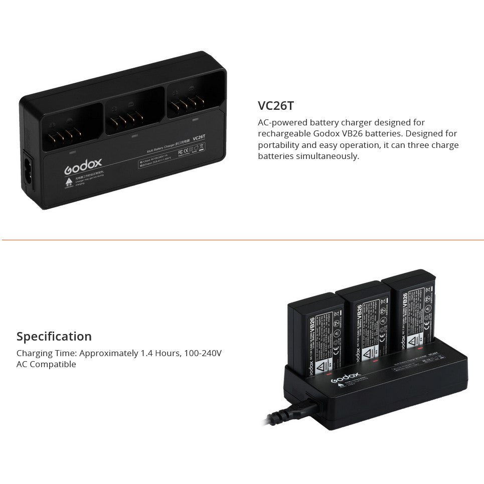 GODOX VC26T Triple Battery Charger Kit For GODOX AD100PRO V86III-C/ V86III-N/ V86III-S V1/ VB26/ VB30/ V1PRO/ V100