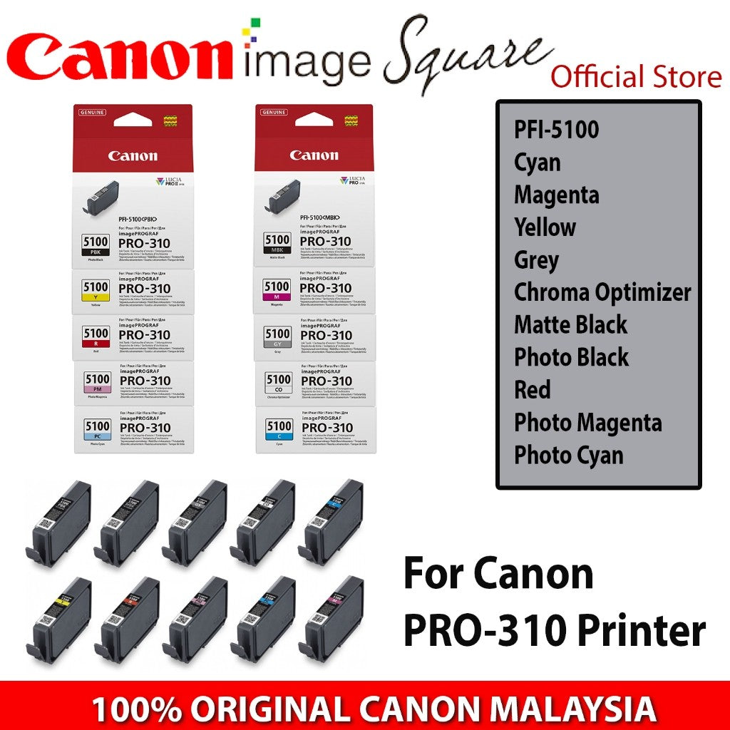 CANON PFI-5100 INK CATRIDGE BY COLOR MBK/PBK/C/Y/M/PM/PC/GY/CO/RD for PIXMA PRO 310 PRO310