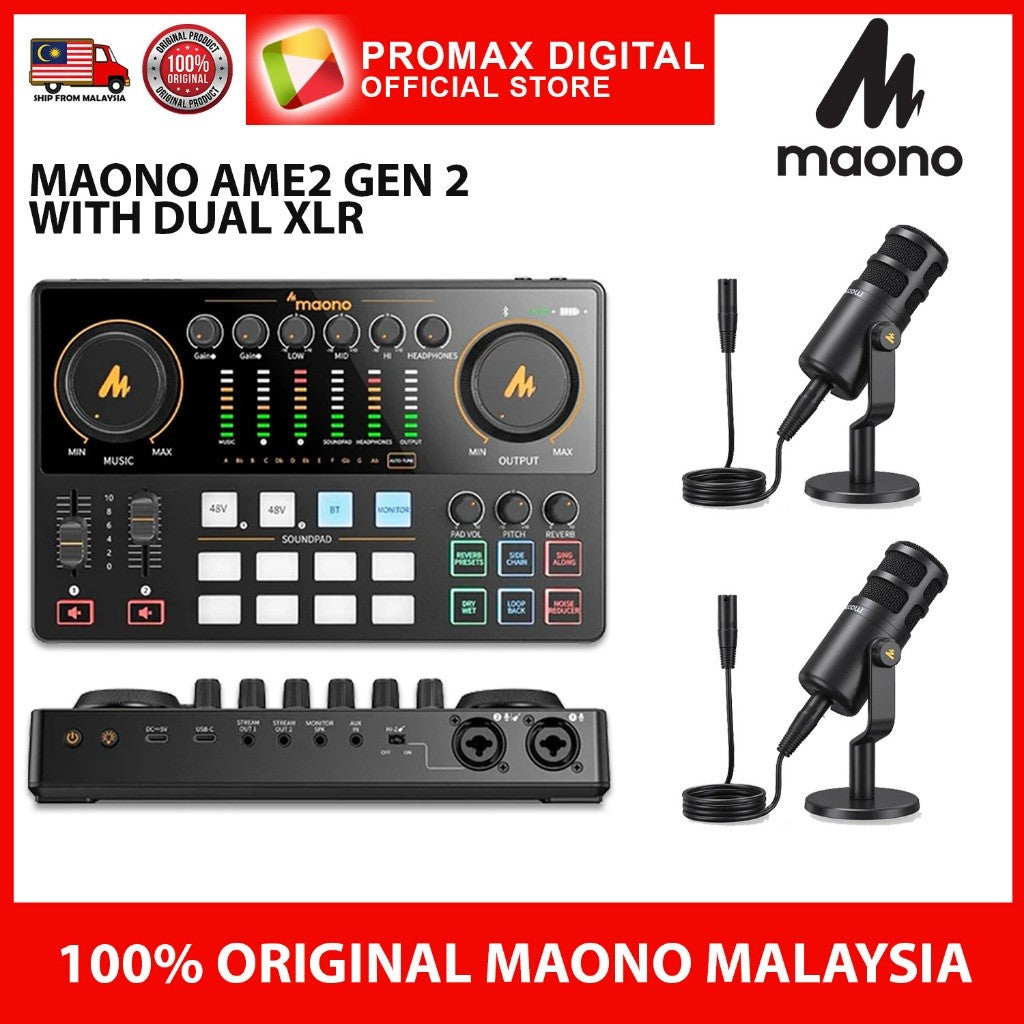 MAONO AME2 Gen 2 E2GEN2 Podcast Mixer Audio Audio Interface Sound Card with dual XLR Quick Mute Noise Reduction
