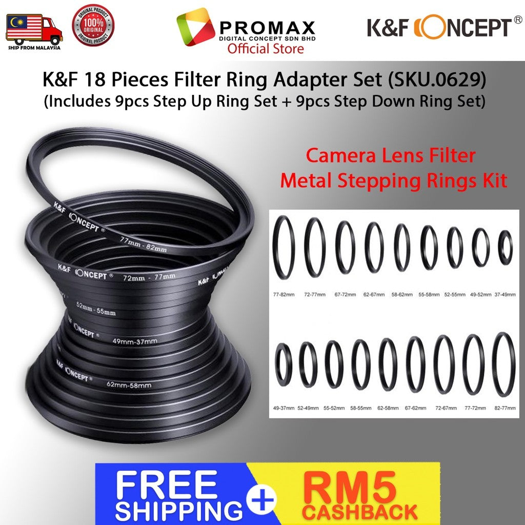 K&F 18 Pieces Filter Ring Adapter Set (SKU.0629) (Includes 9pcs Step Up Ring Set + 9pcs Step Down Ring Set)