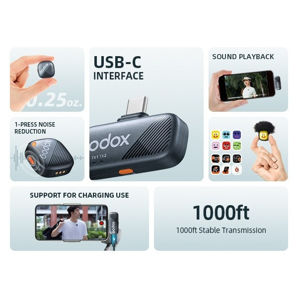 New! Godox Cube-SC Black/White 2-Person Wireless Microphone System with USB-C Connector for Mobile Devices (2.4 GHz).