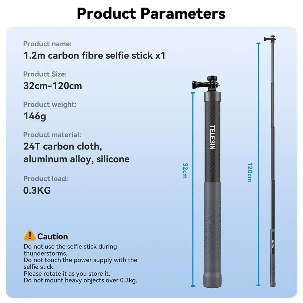 Telesin GP-MNP-002 2nd Generation 1.2M (120CM)  Carbon Fiber Selfie Stick for Action Camera / Insta360 / DJI / Gopro