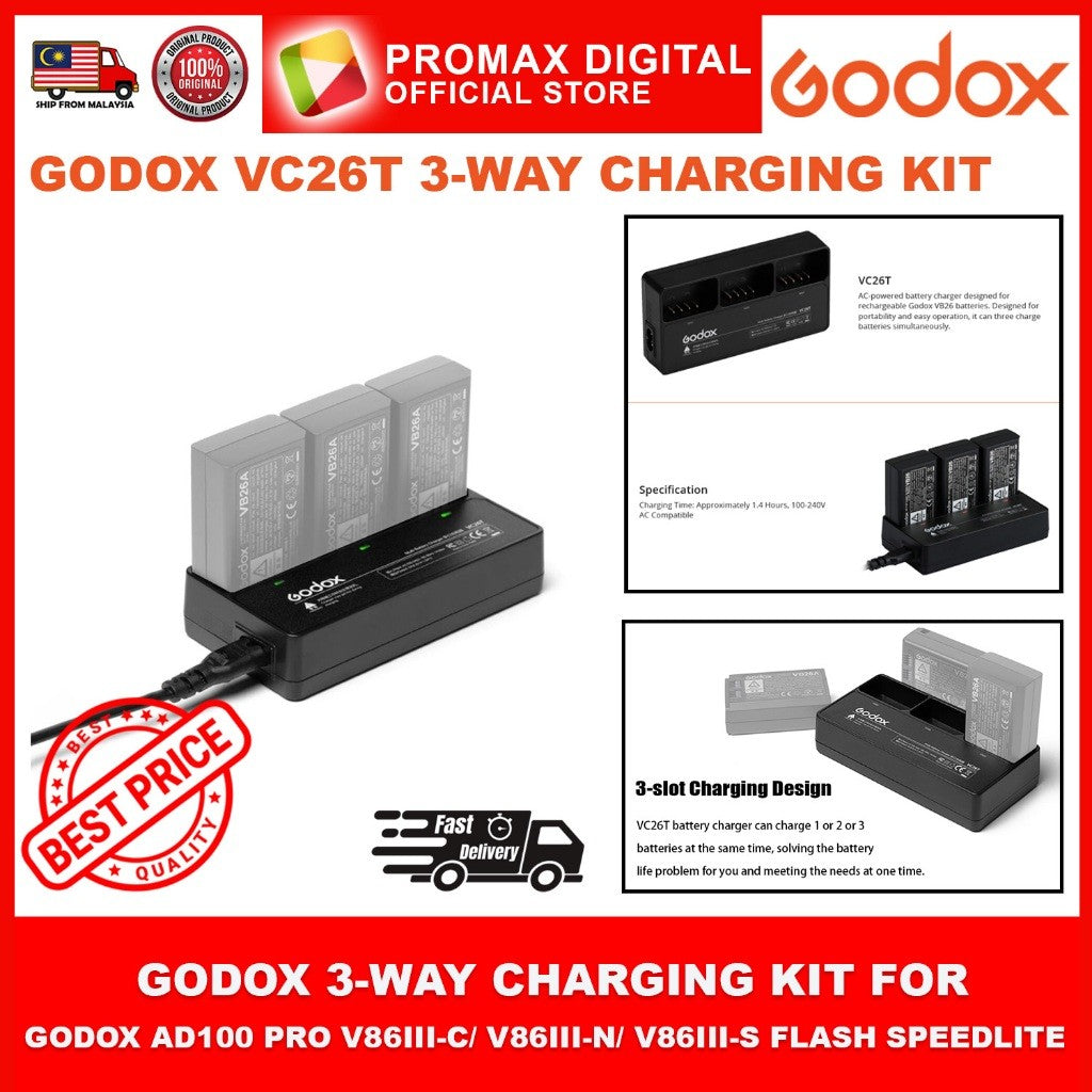 GODOX VC26T Triple Battery Charger Kit For GODOX AD100PRO V86III-C/ V86III-N/ V86III-S V1/ VB26/ VB30/ V1PRO/ V100