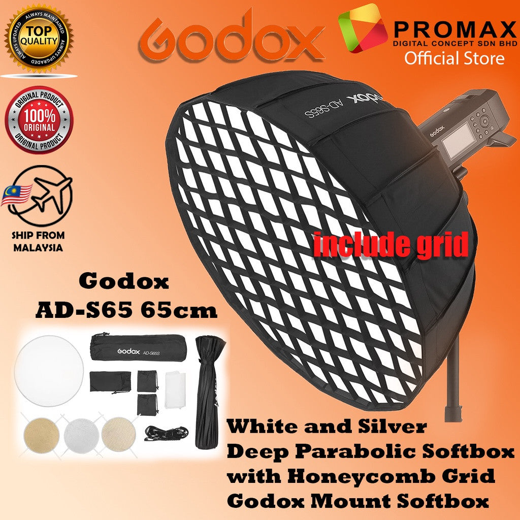 Godox AD-S65S 65cm White or Silver Deep Parabolic Softbox with Honeycomb Grid for AD400P ML-60 AD300