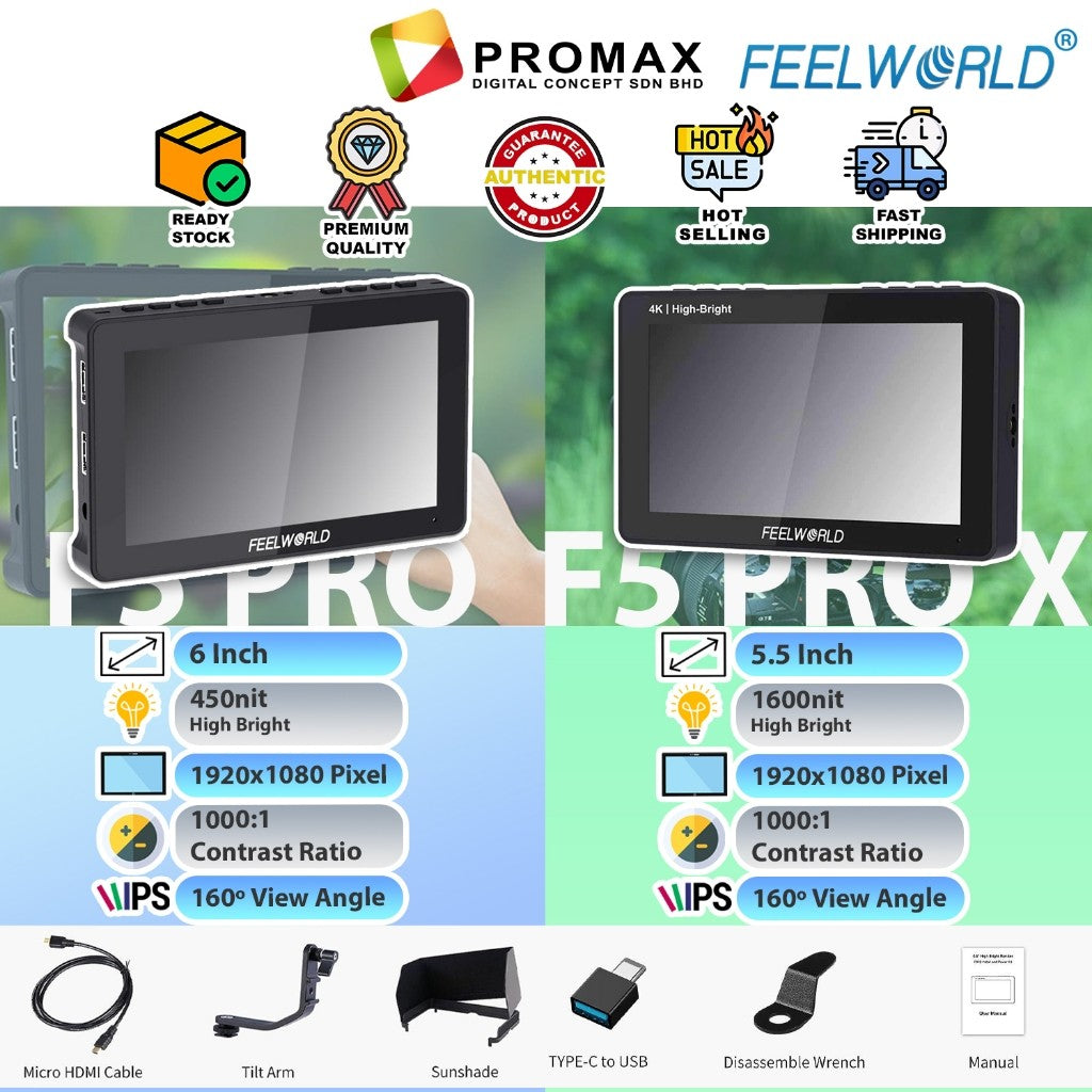 FEELWORLD F5 PRO V4 6" Inch 4K / F5 Pro X 5.5" Touch Screen Monitor Field 3D LUT HDMI Video Monitor DSLR Camera