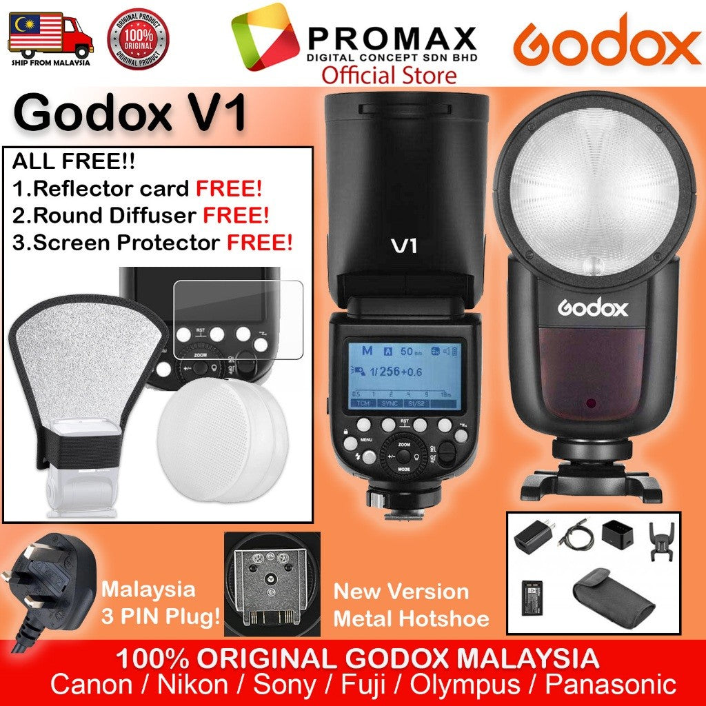 (Many Free Gift)!!! Godox V1 V1C V1N V1S V1F V1O Flash Speedlight Round TTL Li-ion Batt HSS Canon Nikon Sony Fuji
