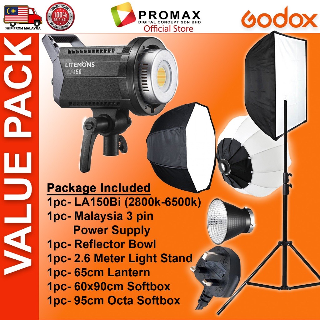 CHEAPEST! Godox LA150 LA150D LA150Bi with Lantern Octa 95cm 60x90cm Softbox Stand LED Video Light for Photo Studio