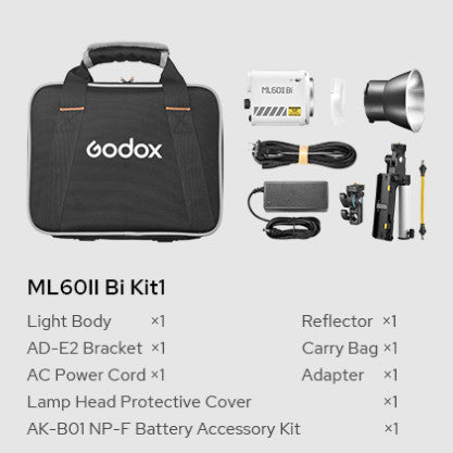 Godox ML60II Bi 70W Bi-Color Portable LED Video Light with AK-B01 NP-F Battery Grid