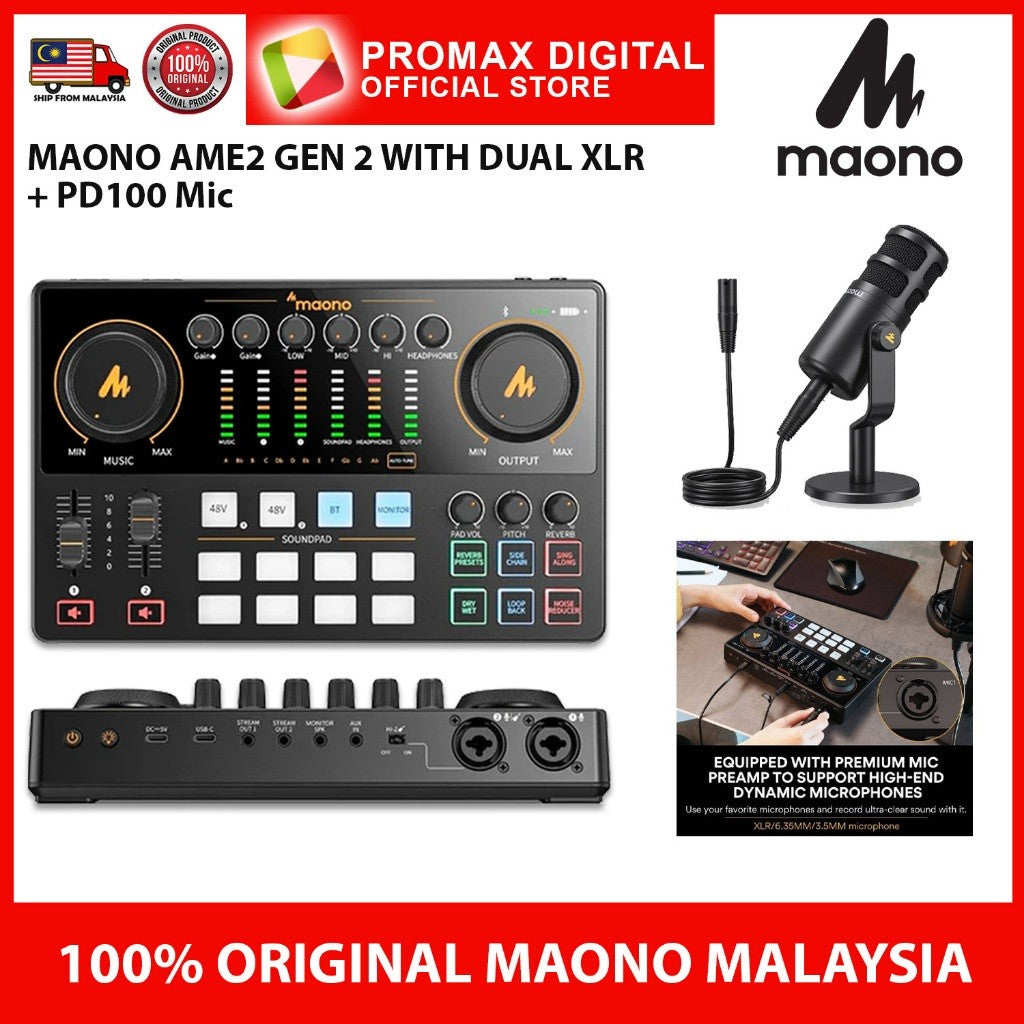MAONO AME2 Gen 2 E2GEN2 Podcast Mixer Audio Audio Interface Sound Card with dual XLR Quick Mute Noise Reduction