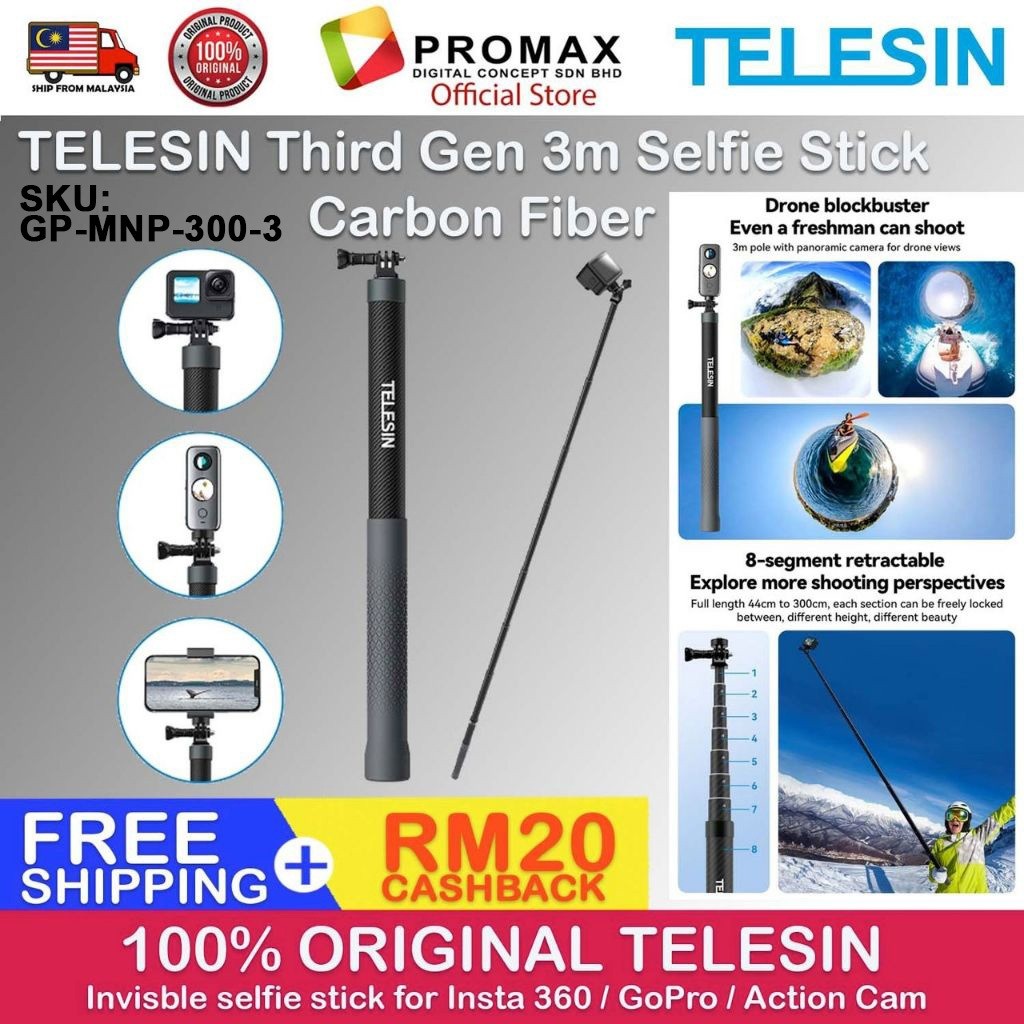 TELESIN GP-MNP-300-3 Third Gen 3m Carbon Fiber Selfie Stick invisible POLE