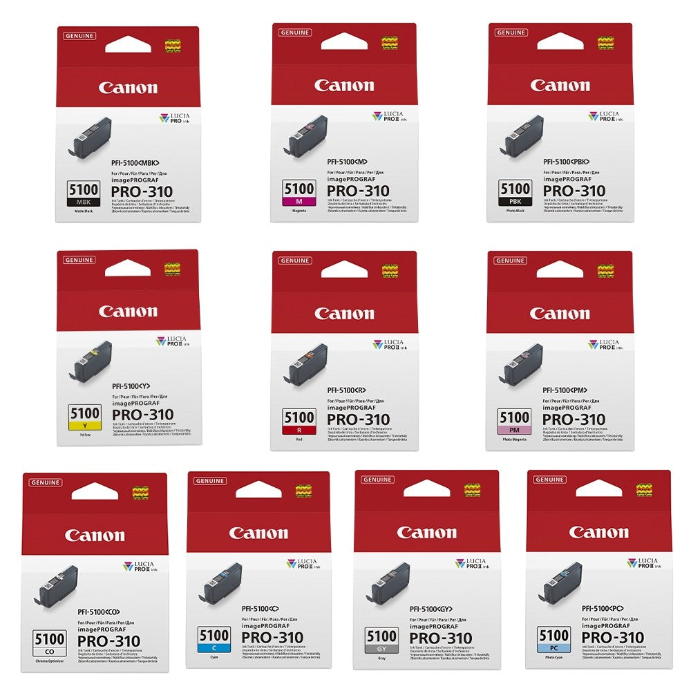 Canon PFI-5100 Ink Cartridges Full Set 10pcs ( MBK/PBK/C/Y/M/PM/PC/GY/CO/RD ) For Canon PIXMA PRO 310