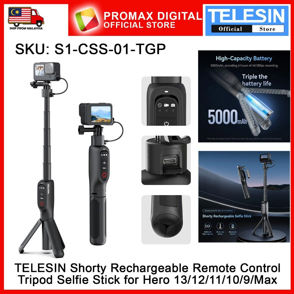 TELESIN S1-CSS-01-TGP 5000Mah 360 Rotation Charging Selfie Stick PowerBank Remote Control Tripod