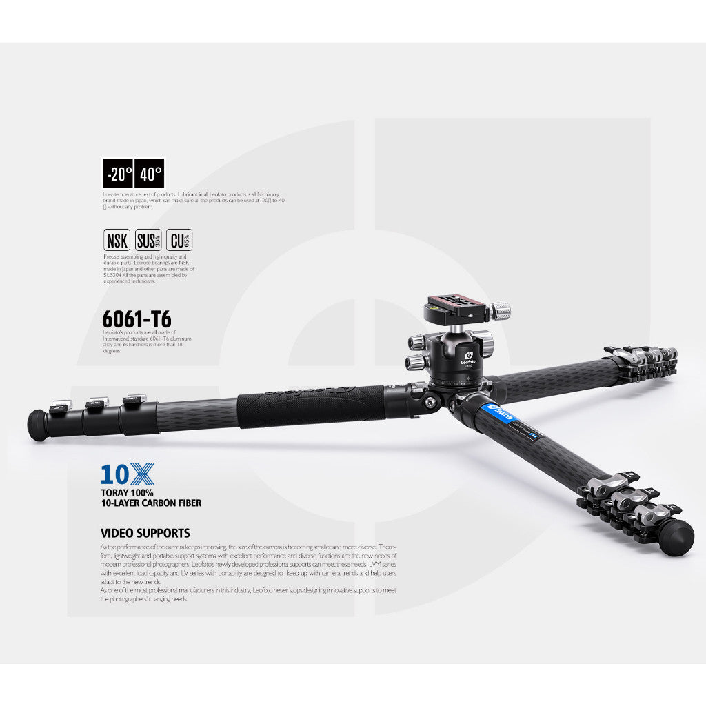 Leofoto LSR-324C + LH-40 Professional Light Weight Rapid Ranger Series Carbon Fiber Tripod