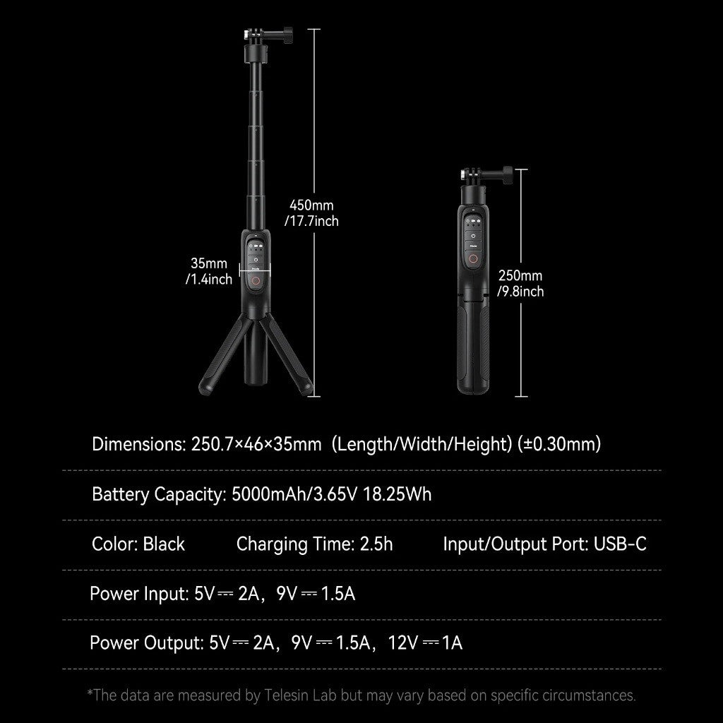 TELESIN S1-CSS-01-TGP 5000Mah 360 Rotation Charging Selfie Stick PowerBank Remote Control Tripod