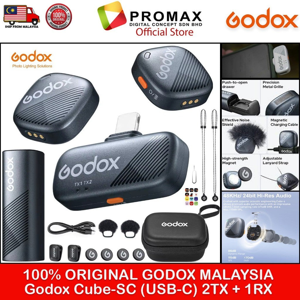 New! Godox Cube-SC Black/White 2-Person Wireless Microphone System with USB-C Connector for Mobile Devices (2.4 GHz).