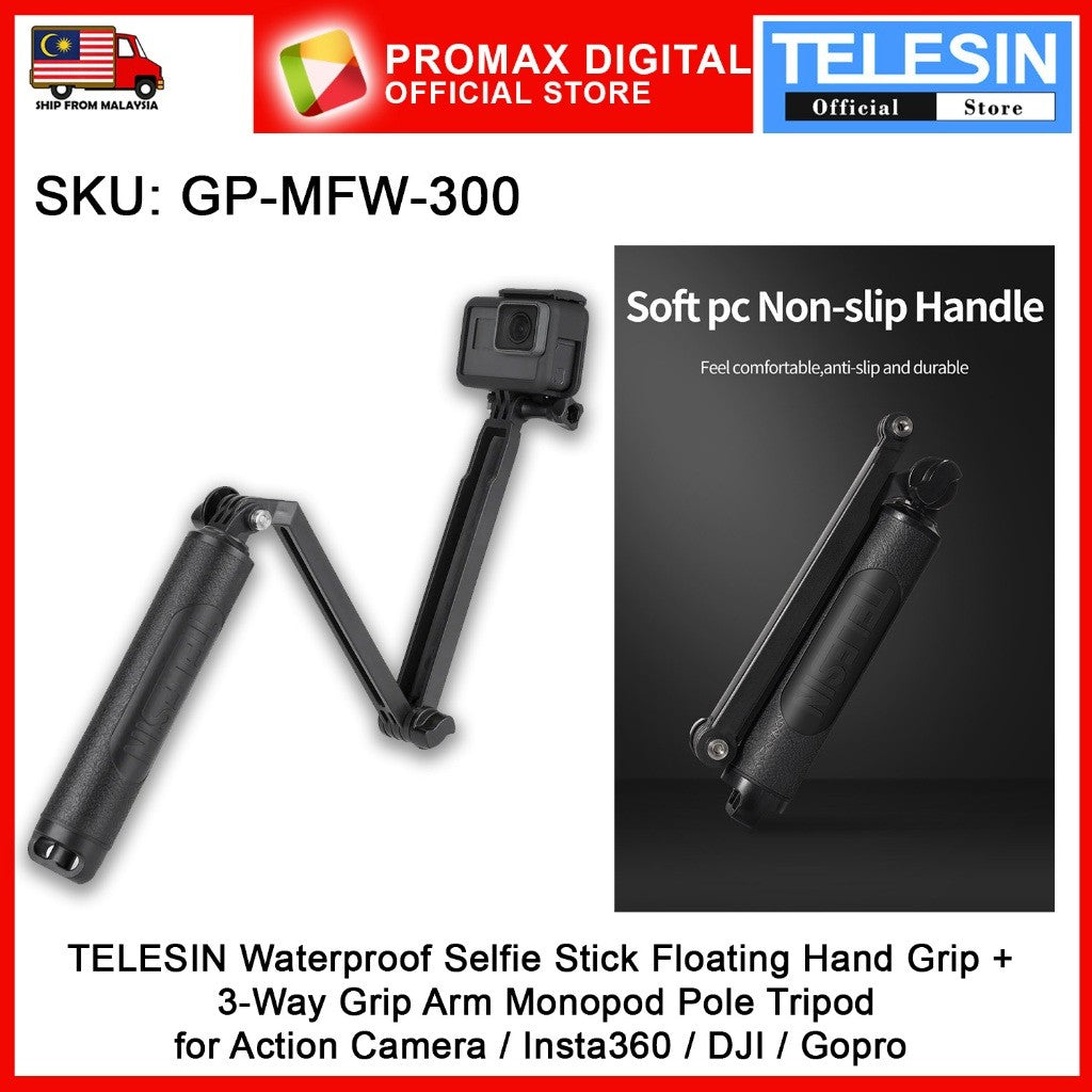 TELESIN GP-MFW-300 Waterproof Selfie Stick Floating Hand Grip + 3-Way Grip Arm Monopod Pole Tripod