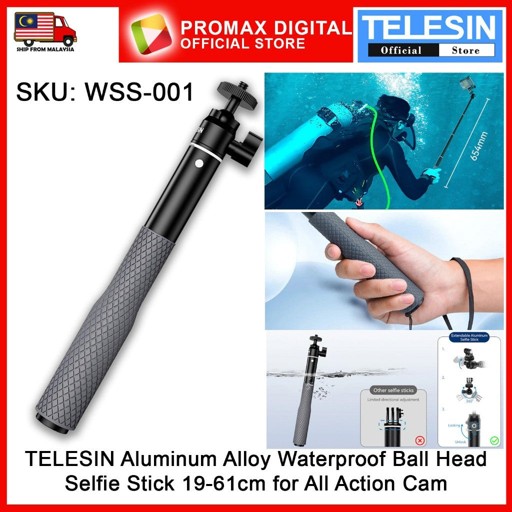 TELESIN WSS-001 Aluminum Alloy Waterproof 19-61cm Selfie Stick with Ball Head