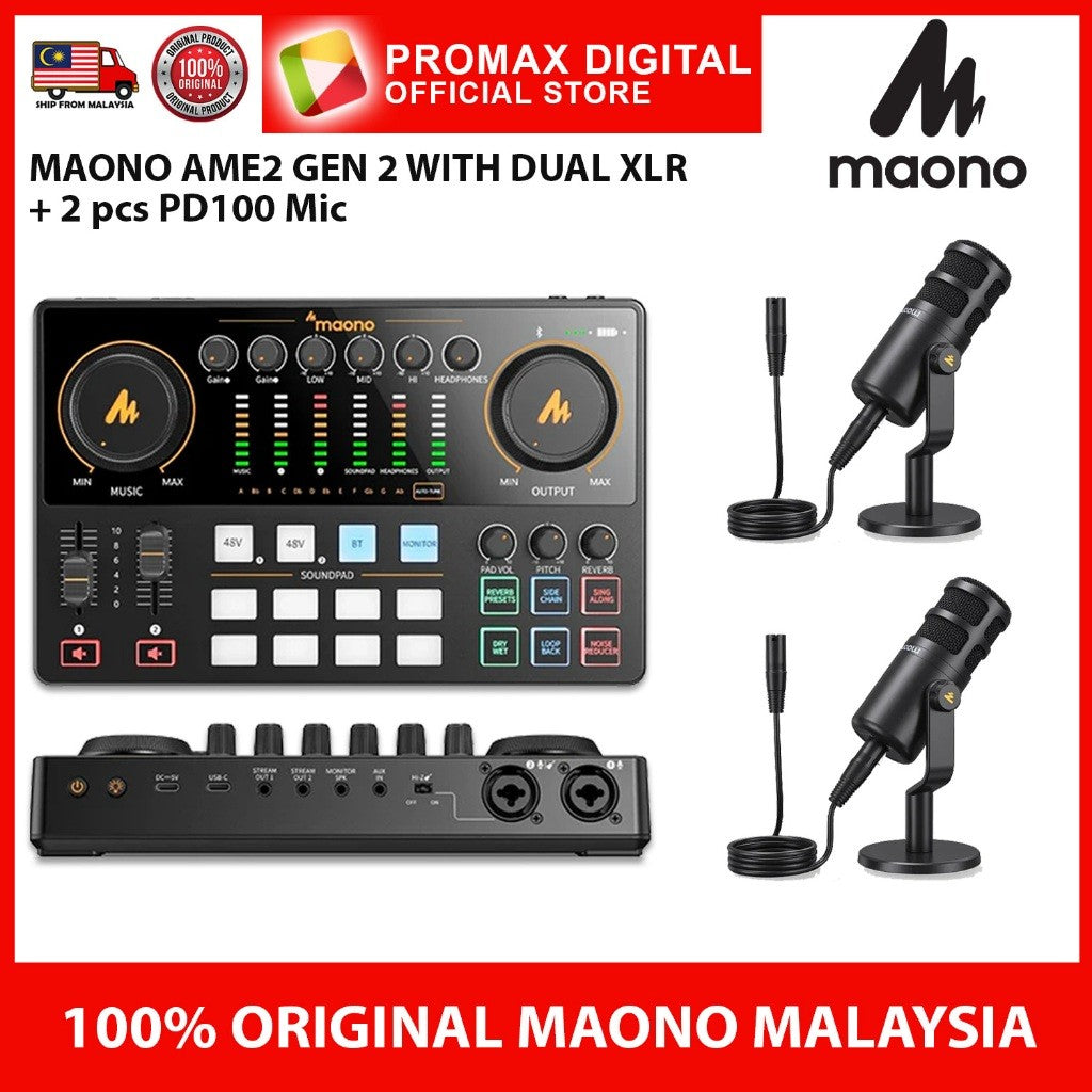 MAONO AME2 Gen 2 E2GEN2 Podcast Mixer Audio Audio Interface Sound Card with dual XLR Quick Mute Noise Reduction