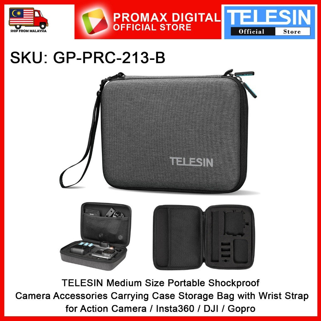TELESIN GP-PRC-213-B Medium Size Portable Shockproof Camera Accessories Eva Carrying Case Storage Bag with Wrist Strap