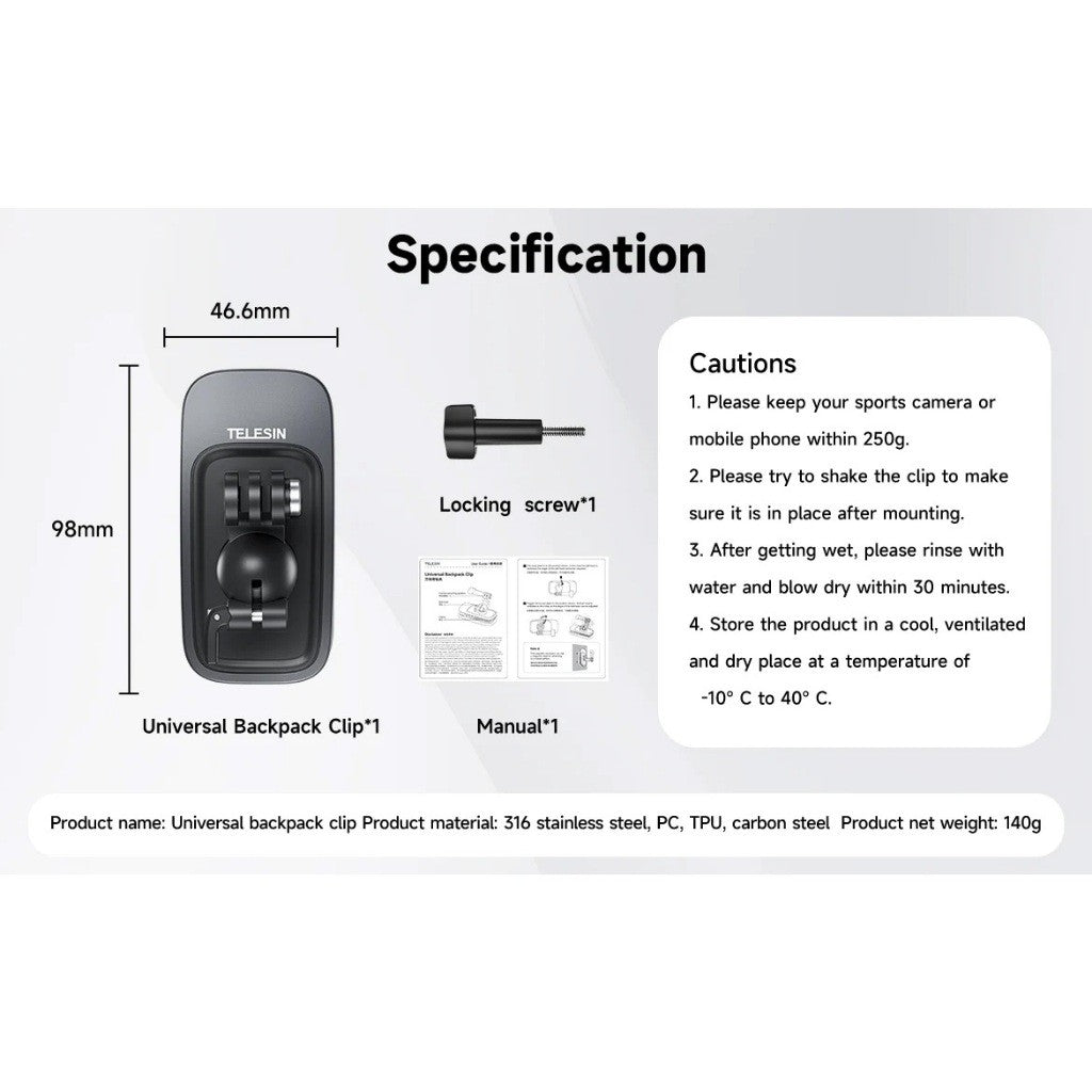 TELESIN GP-JFM-009 Upgraded Magnetic 360 Rotary Universal Backpack Clip