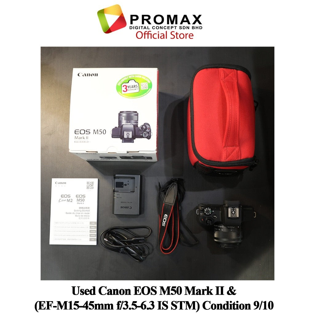 Used Canon EOS M50 Mark II (EF-M15-45mm f/3.5-6.3 IS STM) CONDITION 9/10.