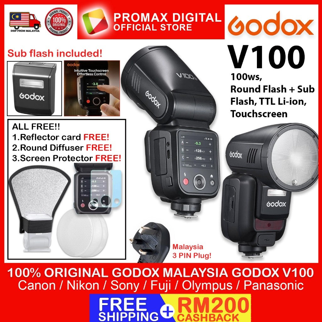 Godox V100 TTL Li-ion Round Head Camera Flash 100ws Sub Flash V100C V100S V100N V100F V100P V100O