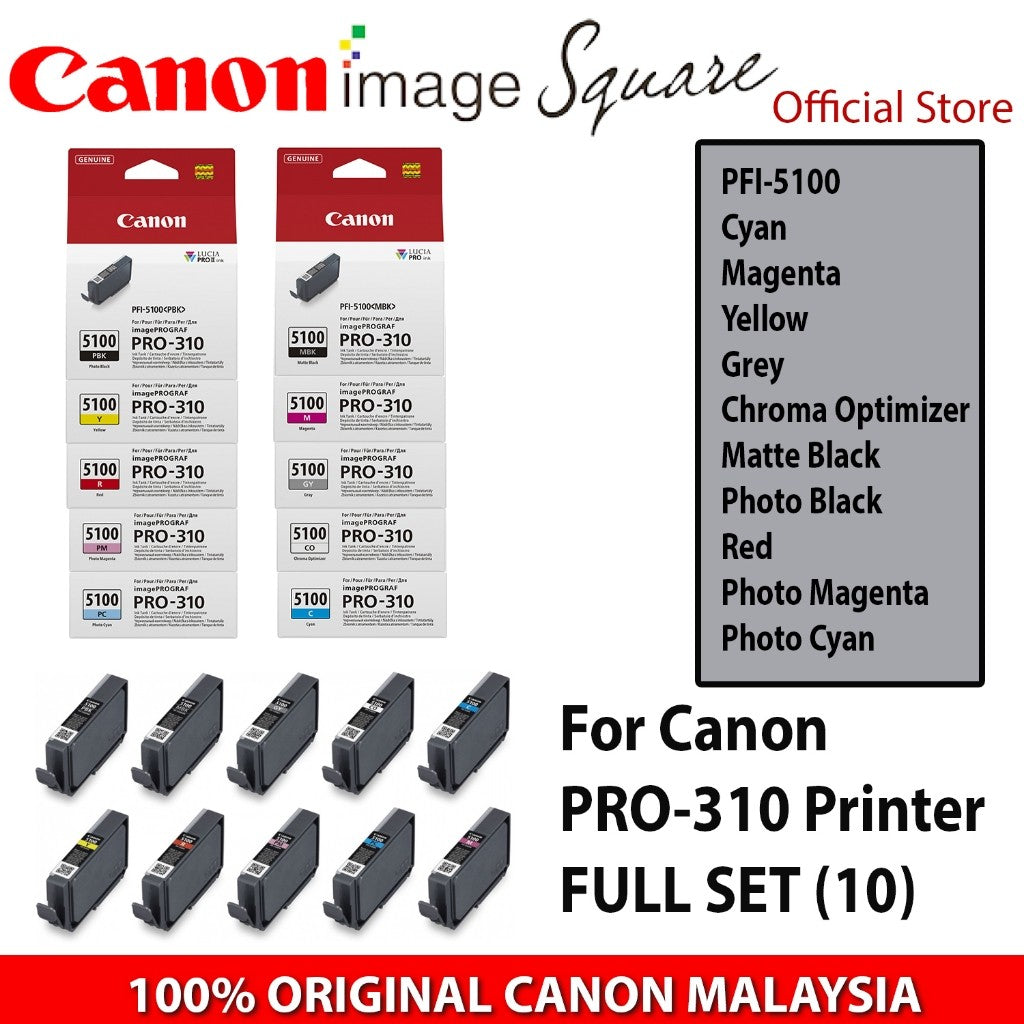 Canon PFI-5100 Ink Cartridges Full Set 10pcs ( MBK/PBK/C/Y/M/PM/PC/GY/CO/RD ) For Canon PIXMA PRO 310