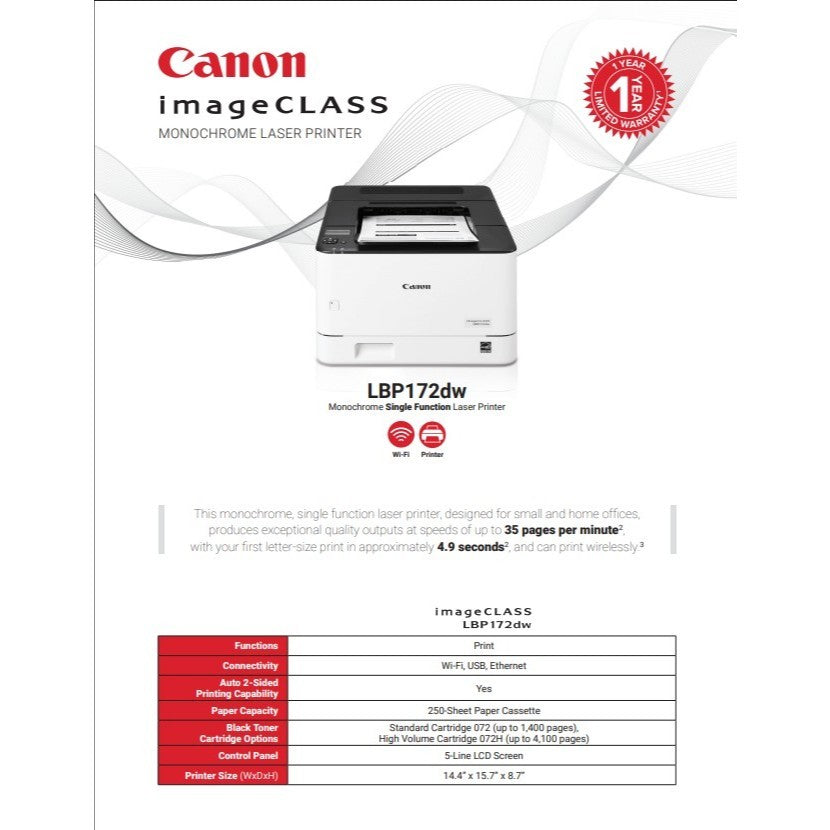 Canon imageCLASS LBP172dw Wireless Monochrome Laser Printer 35ppm Auto Duplex.