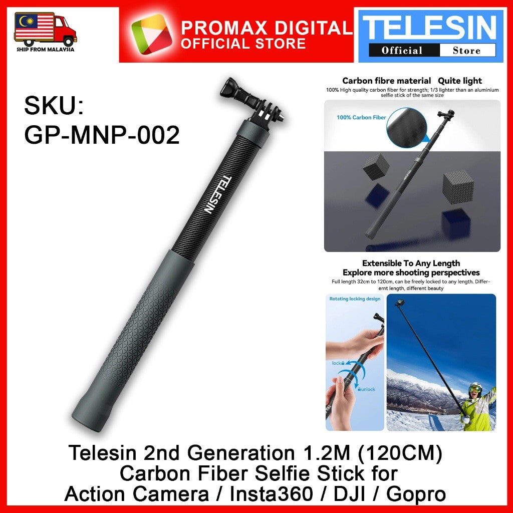 Telesin GP-MNP-002 2nd Generation 1.2M (120CM)  Carbon Fiber Selfie Stick for Action Camera / Insta360 / DJI / Gopro