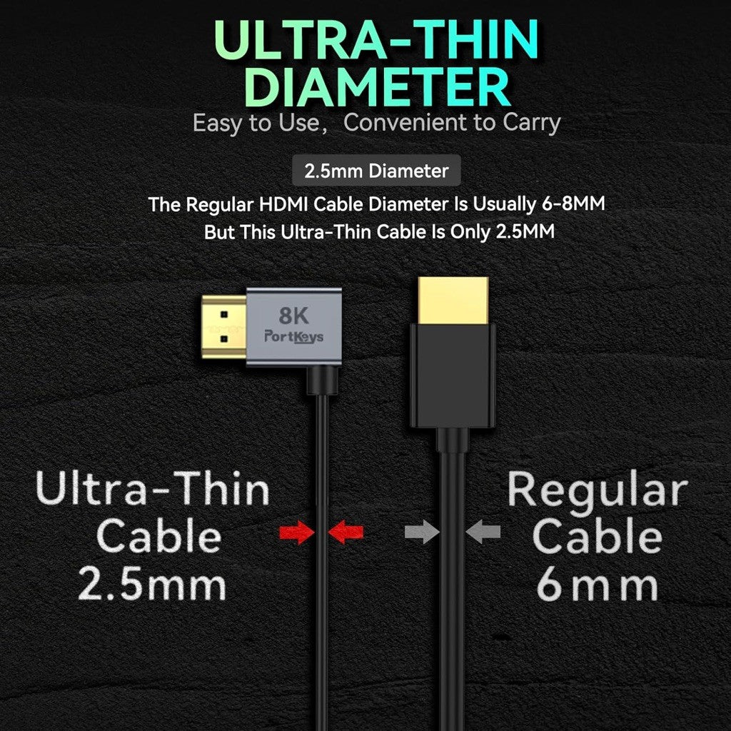 Portkeys 2.5mm Ultra-thin HDMI-Compatiabled Cable 0.3m & 1m Dual Cabel Set 8K Cables for Cameras Monitors