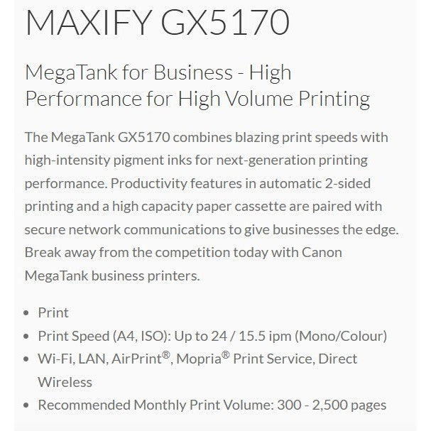 (Touch”N Go RM80) CANON MAXIFY GX5170 PRINTER Wireless Ink Tank Business Printer for High Volume Document Printing