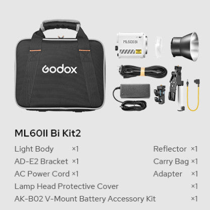 Godox ML60II Bi 70W Bi-Color Portable LED Video Light with AK-B01 NP-F Battery Grid