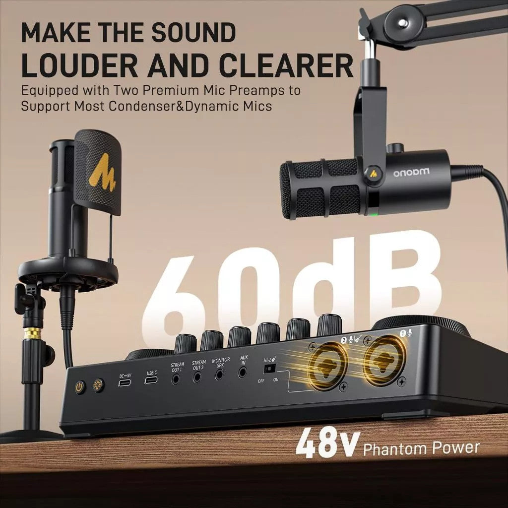 MAONO AME2 Gen 2 E2GEN2 Podcast Mixer Audio Audio Interface Sound Card with dual XLR Quick Mute Noise Reduction